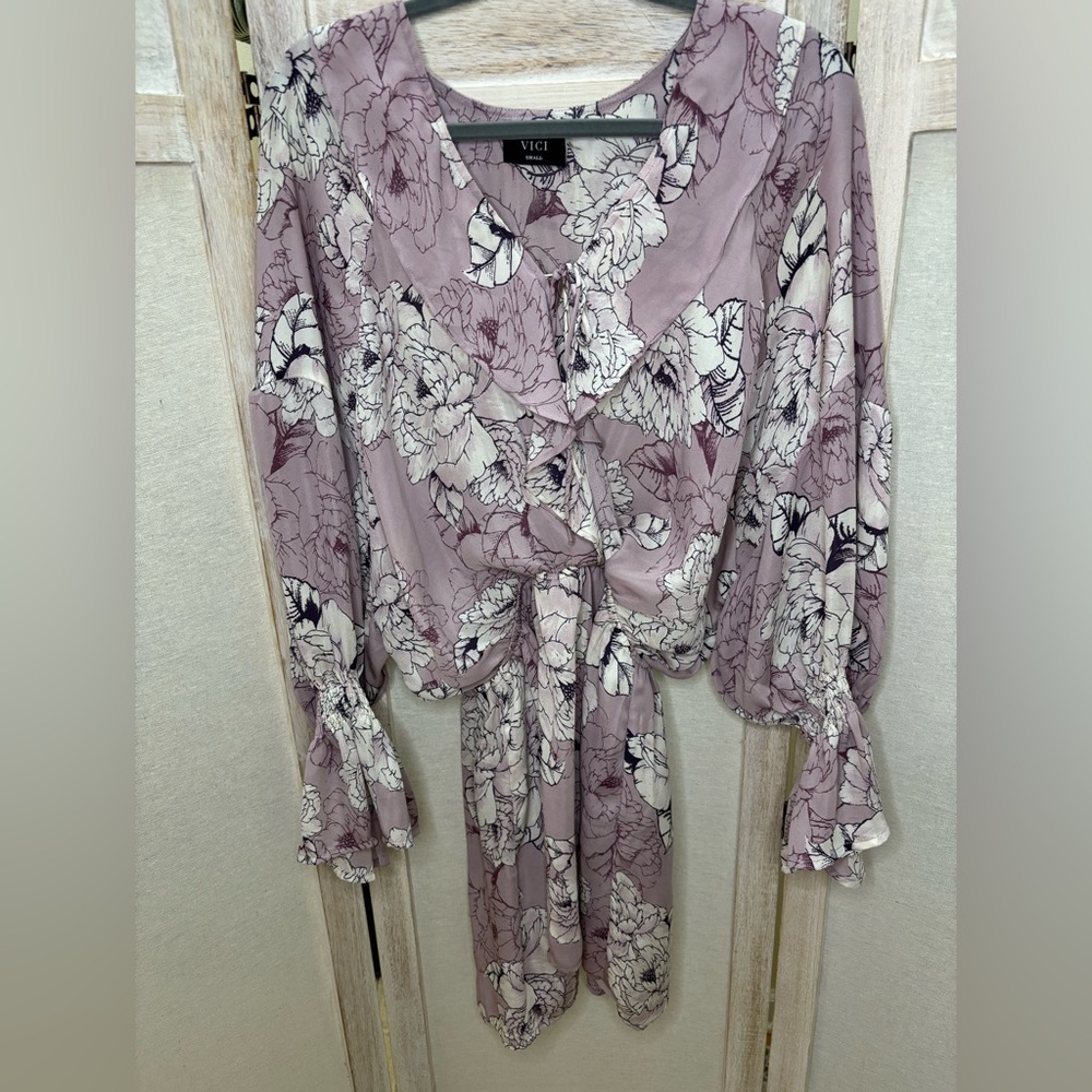 Vici Blush Boho Floral Mini Dress with Tie Detail